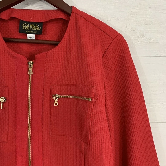 Bob Mackie Red Textured Knit Gold Zippy Blazer - Picture 2 of 7